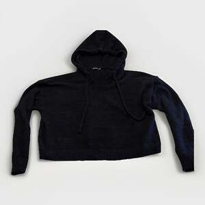 Black Fuzzy Fleece Pullover Hoodie Cropped Sweatshirt M Whimsigoth Street Wear